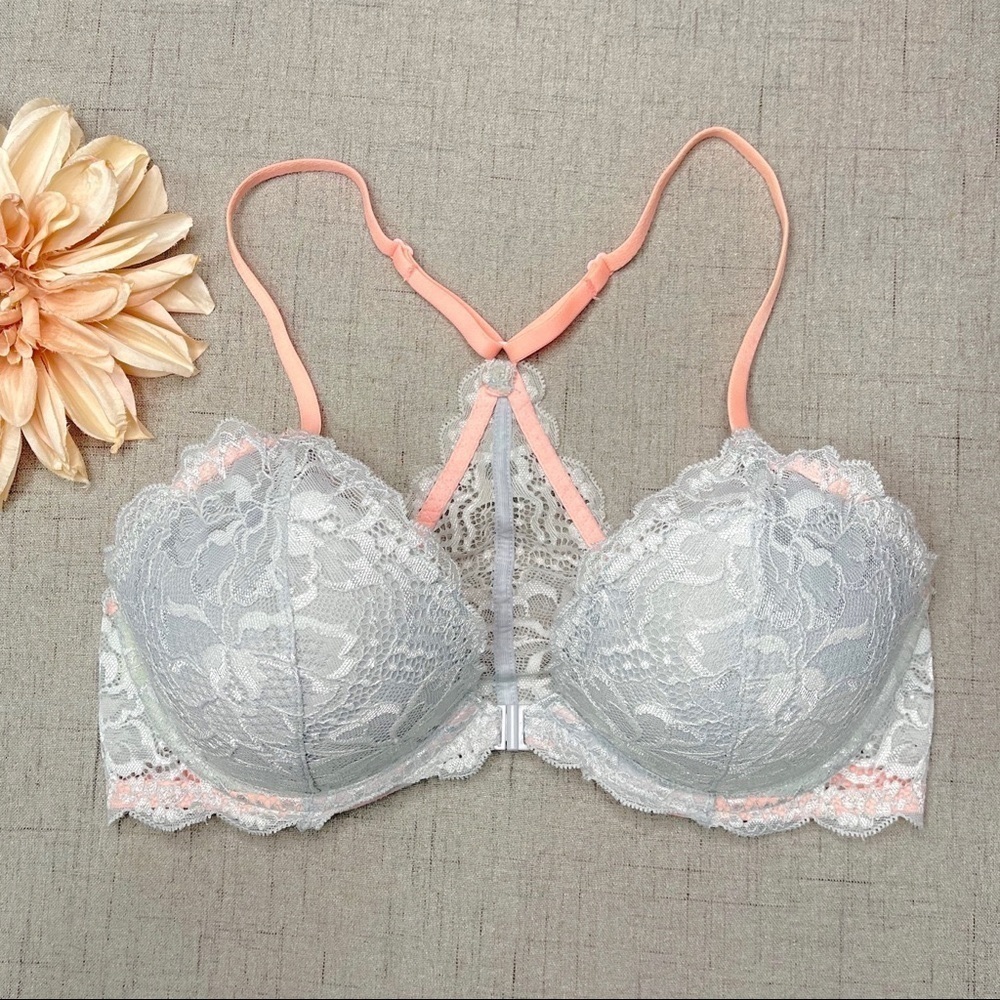 Victoria Secret Pink Date Racerback Push Up Bra Silver Lace 32D